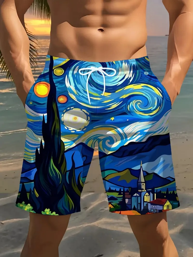 

2025 Man Board Shorts Van Gogh Y2K Funny Swim Trunks Starry Night Quick Dry Sports High Quality Plus Size Beach Short Pants