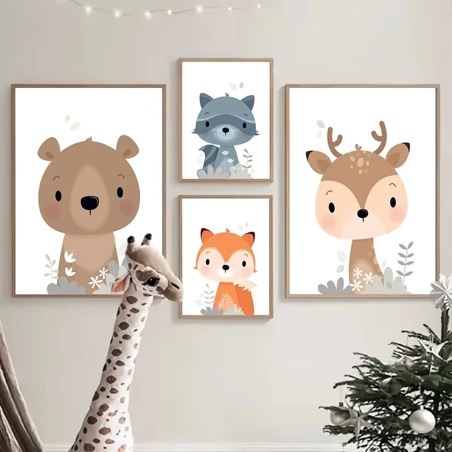 Minimalist Cute Cartoon Animal Art Posters Nordic Rabbit Fox Deer Squirrel Bear Canvas Print Children's Room Home Decor