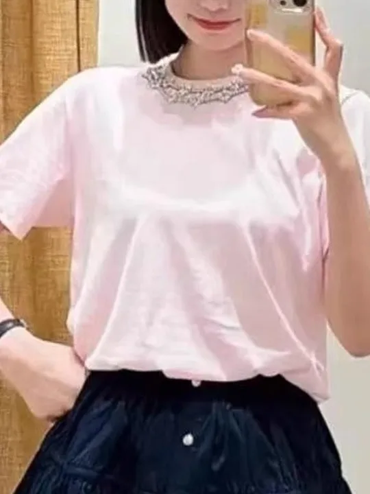 

Женская футболка с круглым вырезом и бриллиантовой отделкой, розовая, изысканная, роскошная, для ранней осени, модная, повседневная, хлопковая, топ