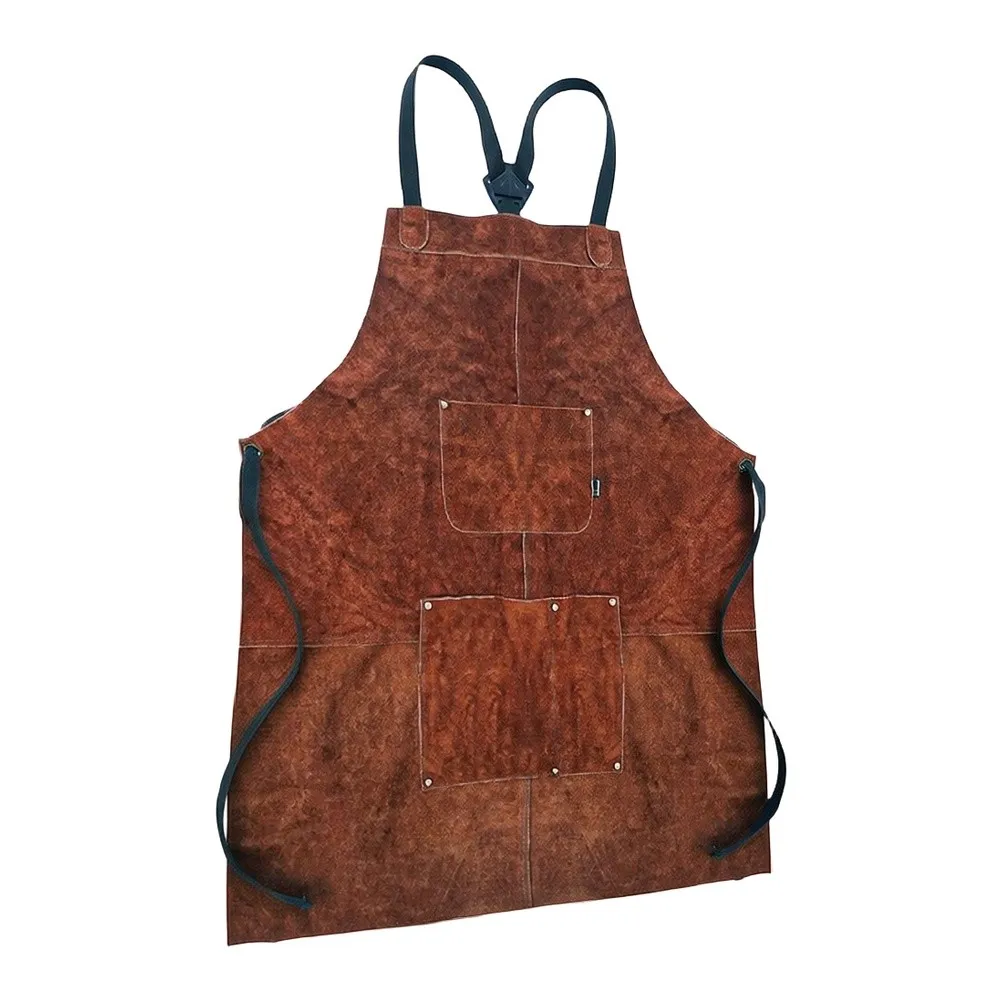 Brown Leather BBQ Apron A-Grade Split Cowhide Heat Resistant 80x66.5cm With Front Pocket Adjustable Straps For Outdoor Camping