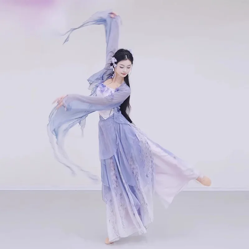 Classical Dance: Flowing Gauze Robes with Trumpet Sleeves, Draping Skirts, Performance Costumes, Training Suits