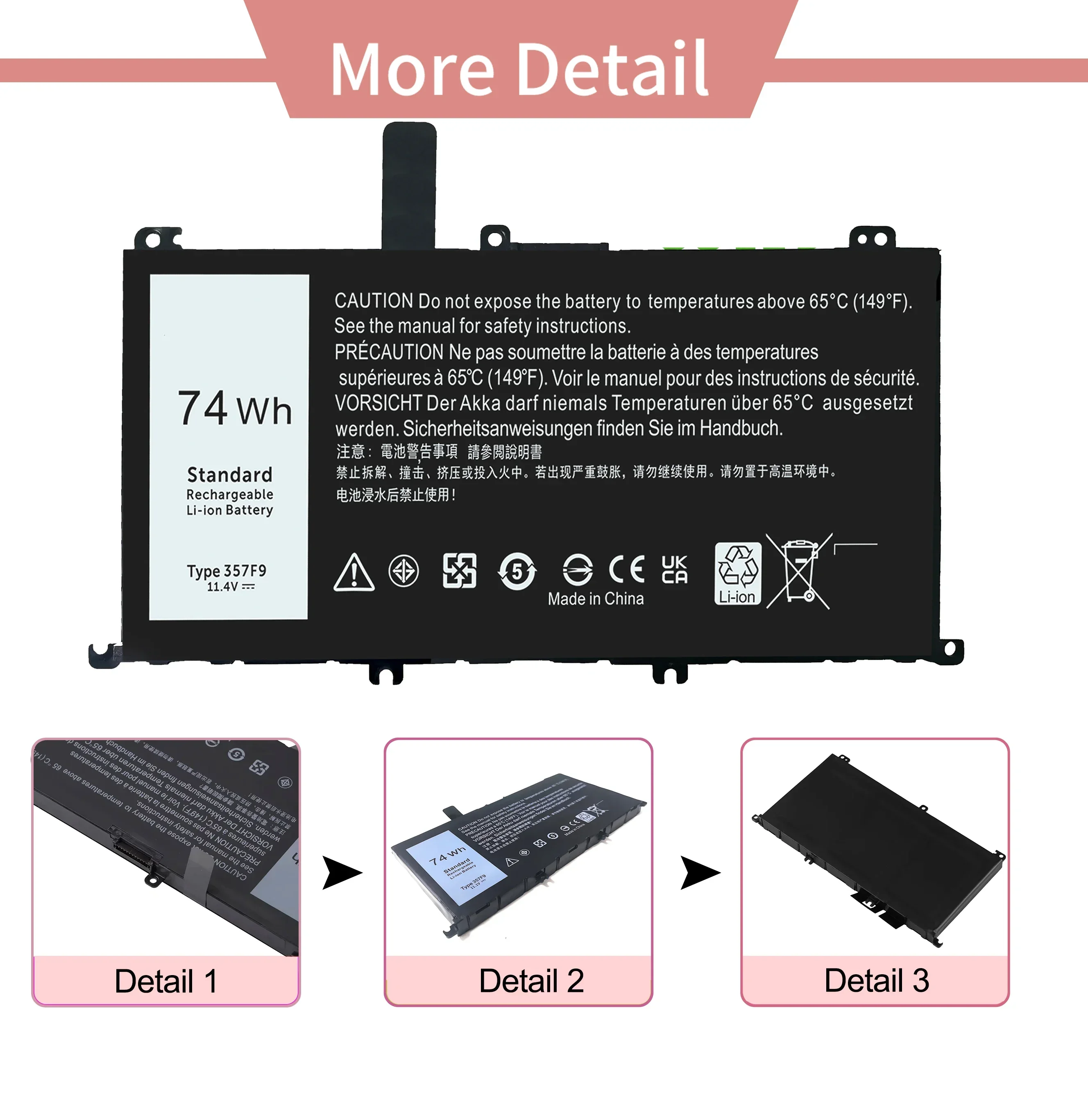 YXKC 357F9 11.1V 74Wh Replacement Laptop Battery for Dell Inspiron 15 7000 7557 7559 7566 7567 5576 5577 INS15PD Series Notebook