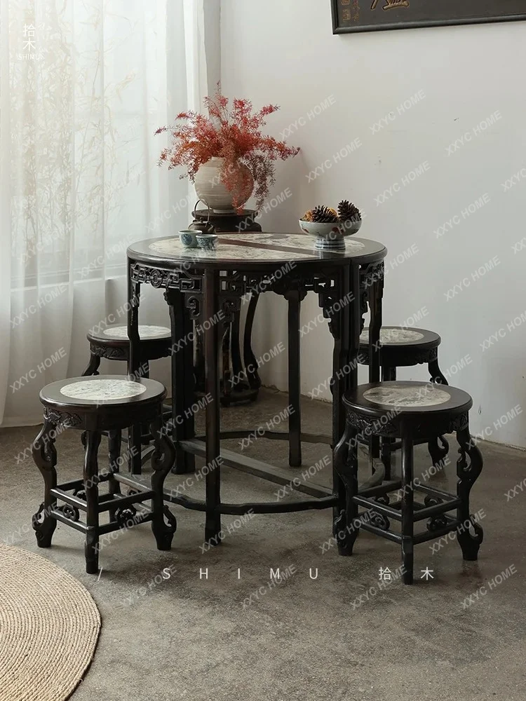 XXCrescent round dining table marble chair combination drinking tea antique Ming and Qing Dynasties