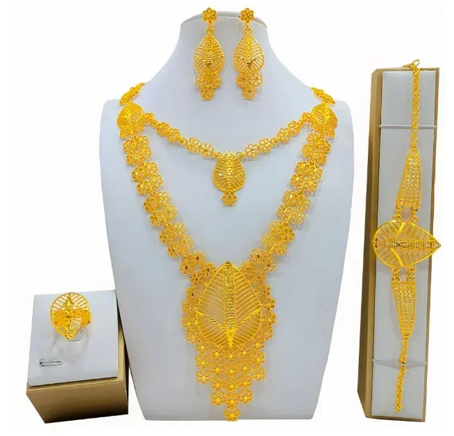 Luxury Crystal Dubai Gold Color Jewelry Sets For Women Bridal Elegant Necklace Earrings Sets African Arab Wedding Party Gifts