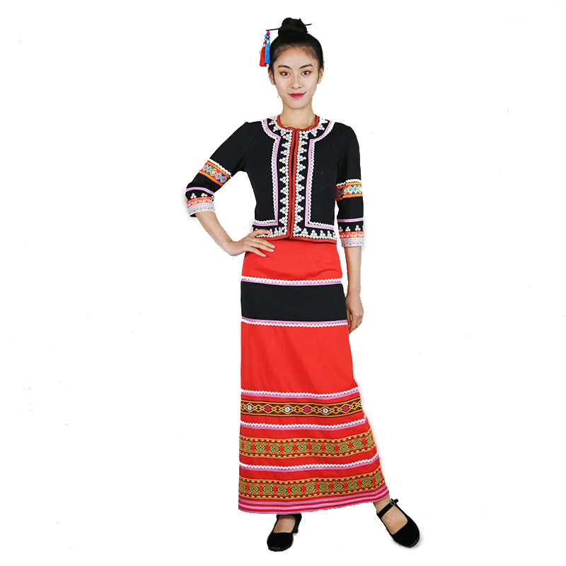 Asian costume Thailand Women's Clothing Nationality Dance Performance wear embroidered Tops and Skirt set