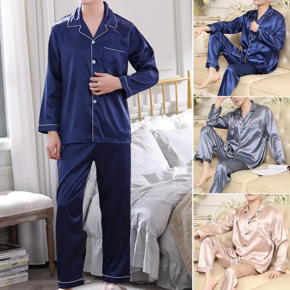 

Men Two-piece Pajamas Elegant Satin Men's Pajamas Set with Lapel Patch Pocket Soft Wide Leg Homewear for Fall Spring Sleepwear