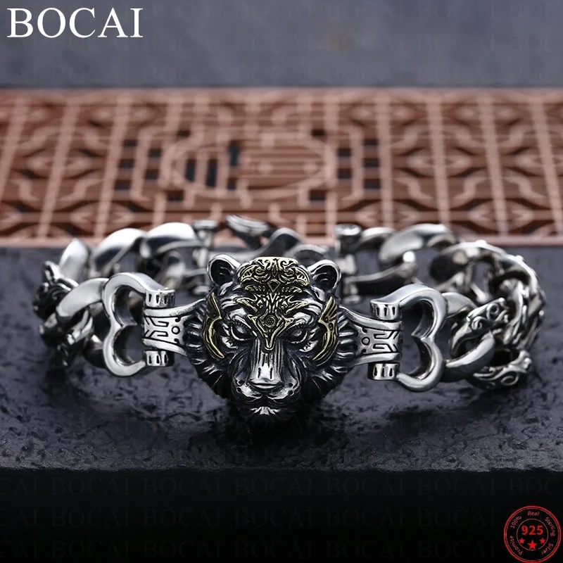 BOCAI S925 Sterling Silver Bracelets for Men New Fashion Tiger Head Eternal Vine Zircon Cuban Link Chain Jewelry Free shipping