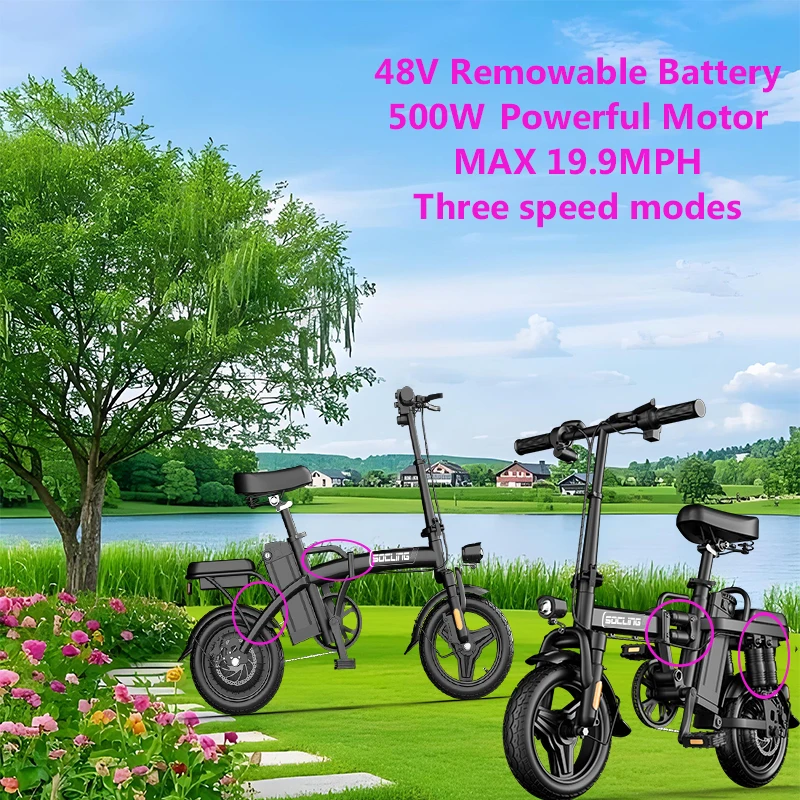 G11-14'' Foldable Commuter Ebike 500W Motor,48V Removable Battery Max 19.9MPH Disc Brake with 4 Shock Absorption Mini Electric Bicycle for Adults,College Students, Commuters & Urban Riding E-Bike