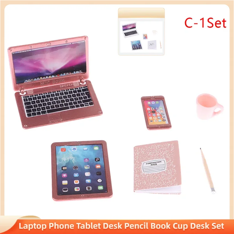 1:12 casa de muñecas en miniatura, portátil, teléfono, tableta, escritorio, lápiz, libro, taza, juego de escritorio, modelo, decoración del hogar, juguete, accesorios para casa de muñecas