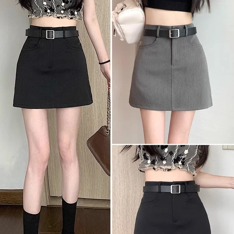 

Gray Half Skirt Women Autumn High Waist Short A- skirt Slim Western Dress Skirt Polyester Fabric Fresh Sweet Style