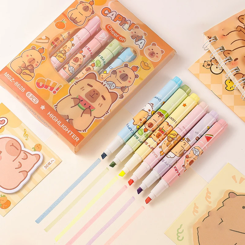 Stylo surligneur Capybara de dessin animé mignon, écriture lisse, stylos à séchage rapide, fournitures scolaires et de bureau, cadeaux de papeterie pour étudiants, 6 pièces