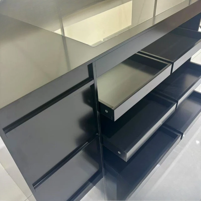 

Paint clothing store island, counter with glass window display table locker