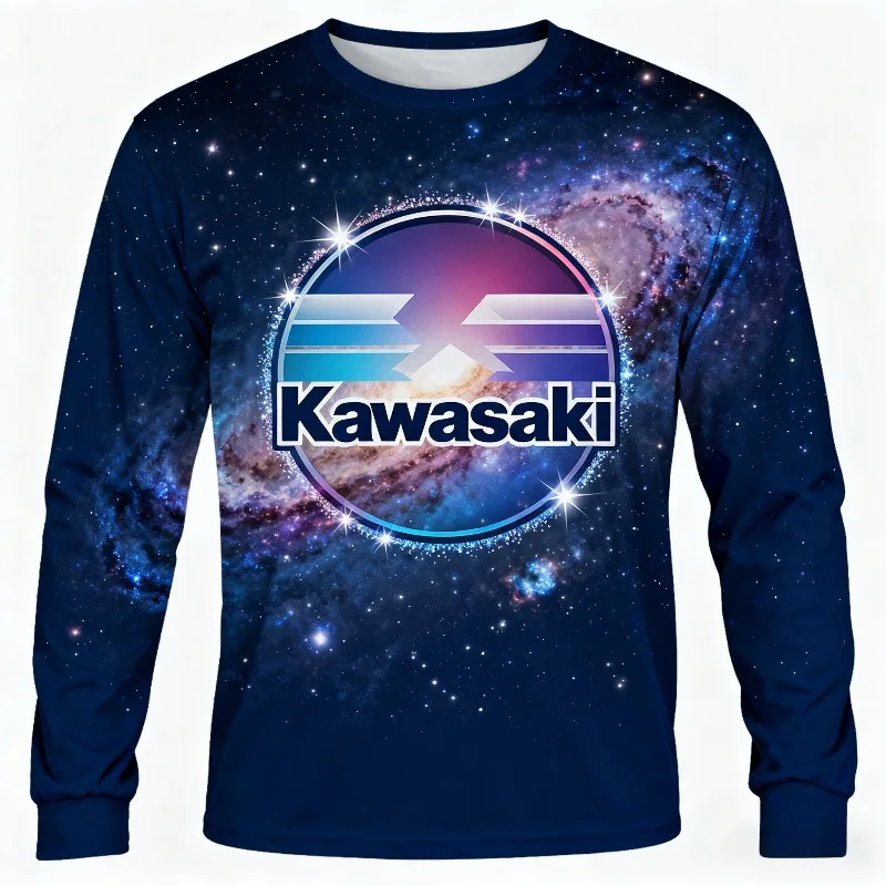 

MOTO-"Navy Blue Long - Sleeve Shirt with Stunning Galaxy Pattern and Glittering Kawasaki Logo"