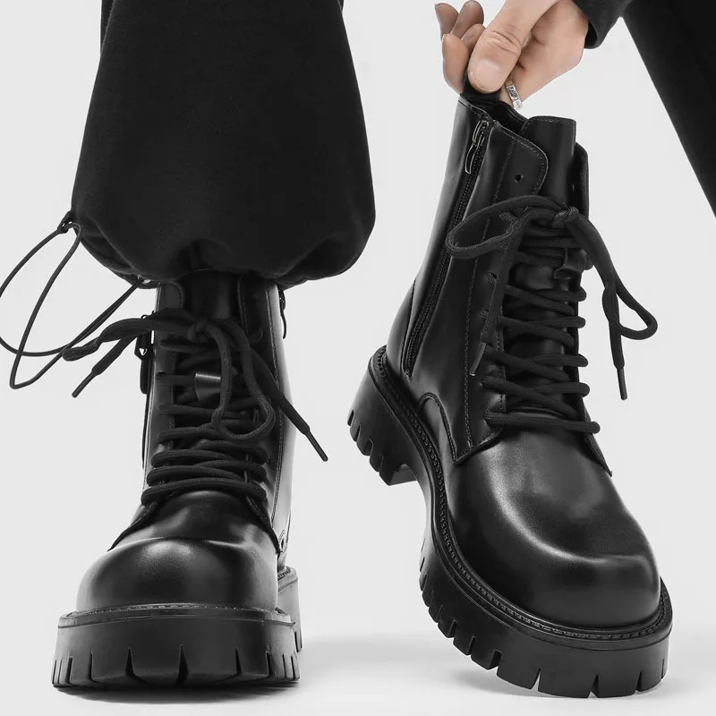 England style men's fashion party nightclub high platform boots black white designer shoes cowboy natural leather ankle botas