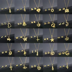 10Sets/Lot Fashion Women Stainless Steel Stud Earrings Necklace Set Trendy Sweet Heart Mini Jewelry Wedding Party Gift Mix Style