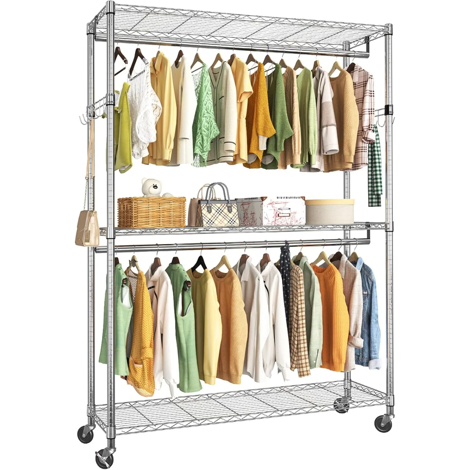 

US Heavy Duty 50in Large Clothes Garment Rack, Industrial Grade Rolling Adjustable Clothing Racks with Double Rods and Side