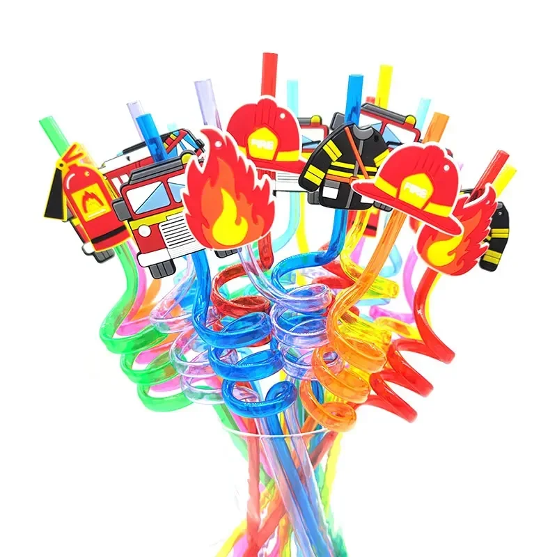 

8pcs 26cm Fire Engines Party Favours Drinking Straws Reusable Plastic Spiral Straw for Fire Truck Birthday Party Supplies