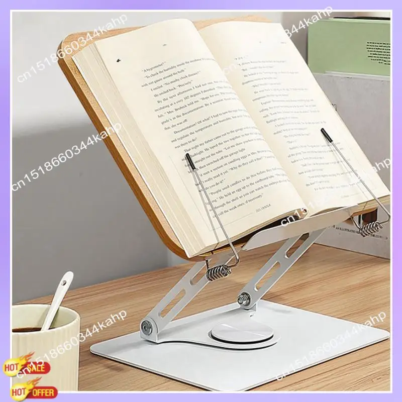CLCU 360°Rotating Base Book Stand Holder For Reading Hands Free Foldable Book Display Stand With Paper Clips Wood Panel Stand Du