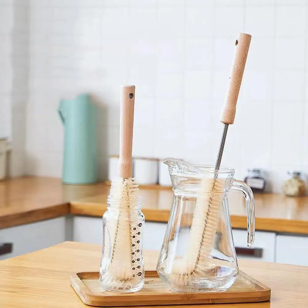 Kitchen Cleaning Tool Drink Bottles Glass Scrubbers Cleaning Brush Wooden Bottle Cleaning Brush With Long Handle For Baby Bottle