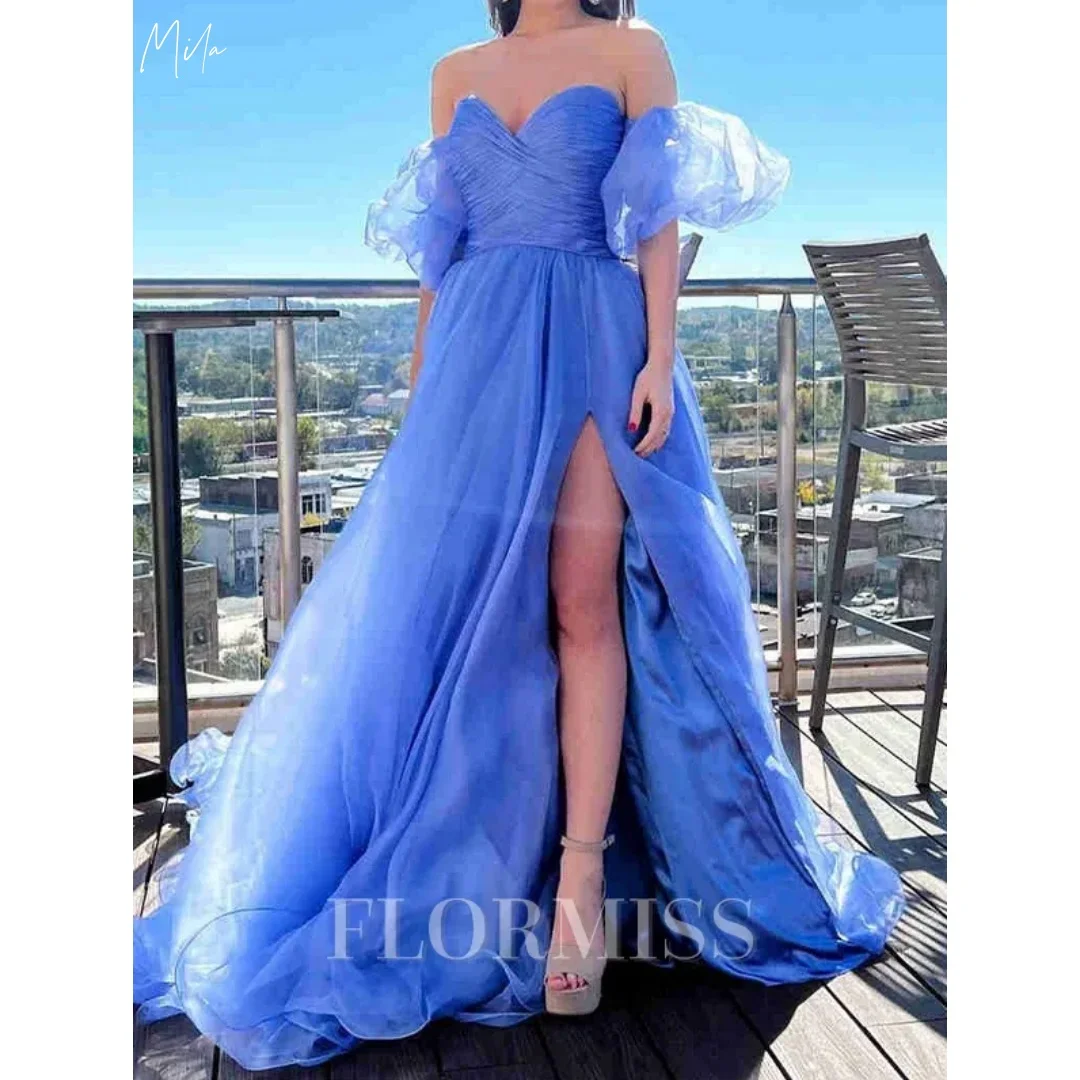 ميلا الأزرق الحبيب خارج الكتف فساتين لحضور الحفلات الموسيقية شير نفخة الأكمام Ruched عالية الشق مخصصة مساء رسمي vestidos de gala