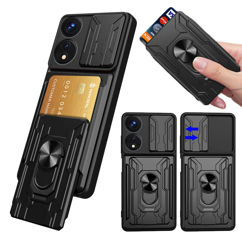 Camera Protect Case For OPPO A72 A73 A74 A76 A77 A78 A79 A92 A93 A94 A98 4G 5G Card Slot Armor Hybrid Ring Stand Back Cover