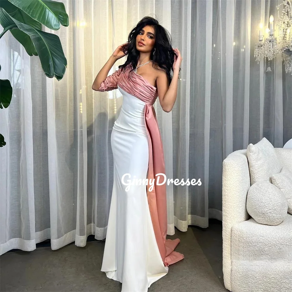 Customized Evening Dress Woman One-Shoulder A-Line Prom Dresses Floor-Length Zipper Up Short Sleeves Lining Wedding Party Dress