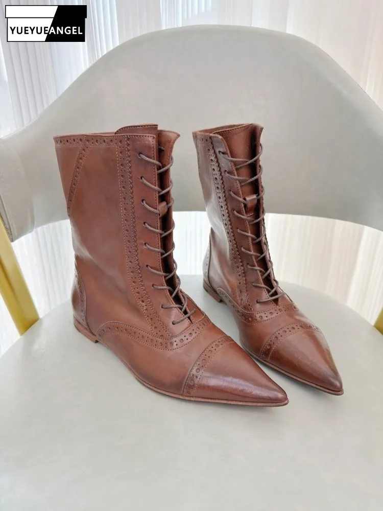 French Style Women Pointed Toe Lace Up Horsehide Genuine Leather Ankle Boots Vintage Wing Tip Motorcycle Biker Shoes High Top