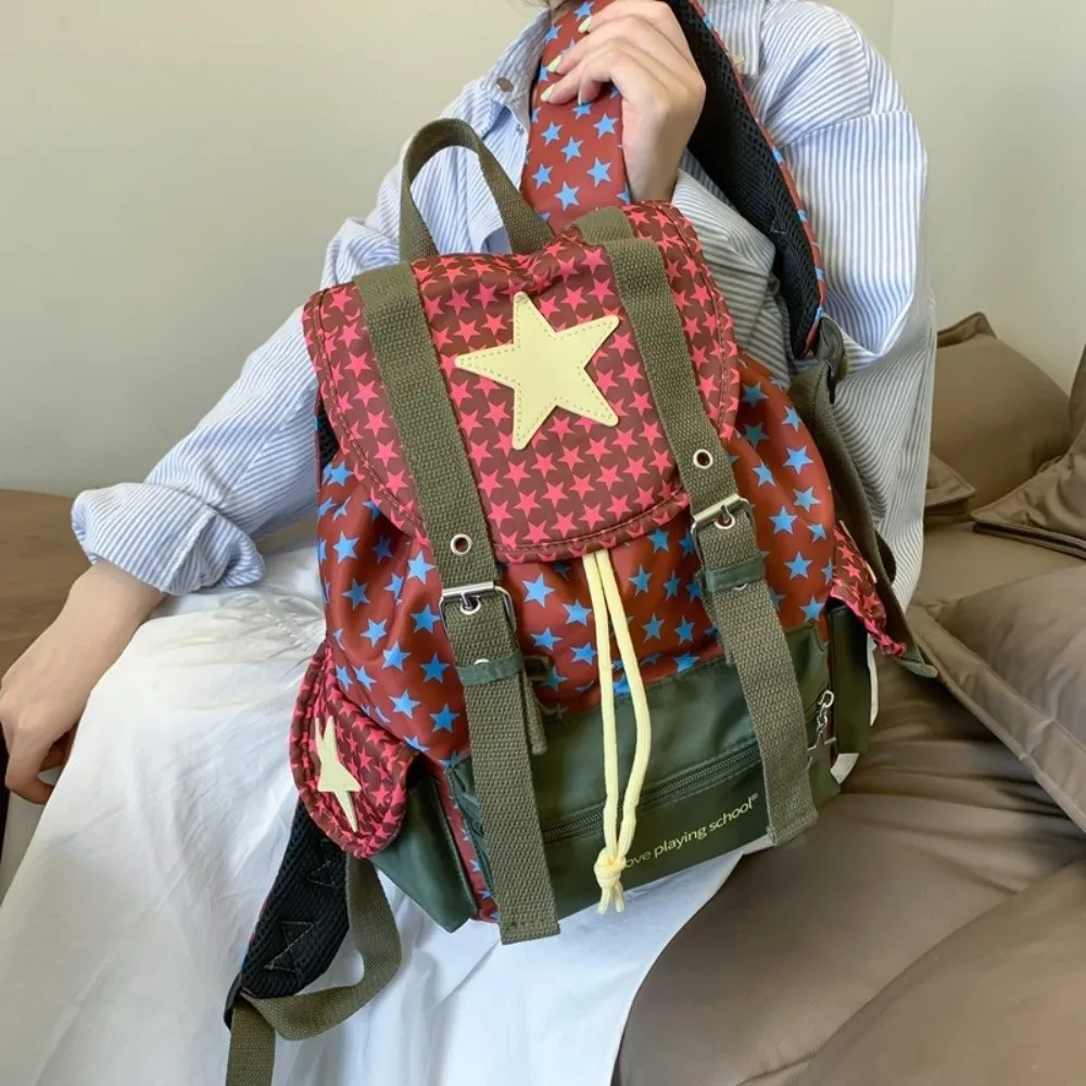 

Cute Large Capacity Lucky Star Backpack Korean Style Multi-pocket Drawstring Schoolbag Nylon Y2K Hiking Camping Bag Students