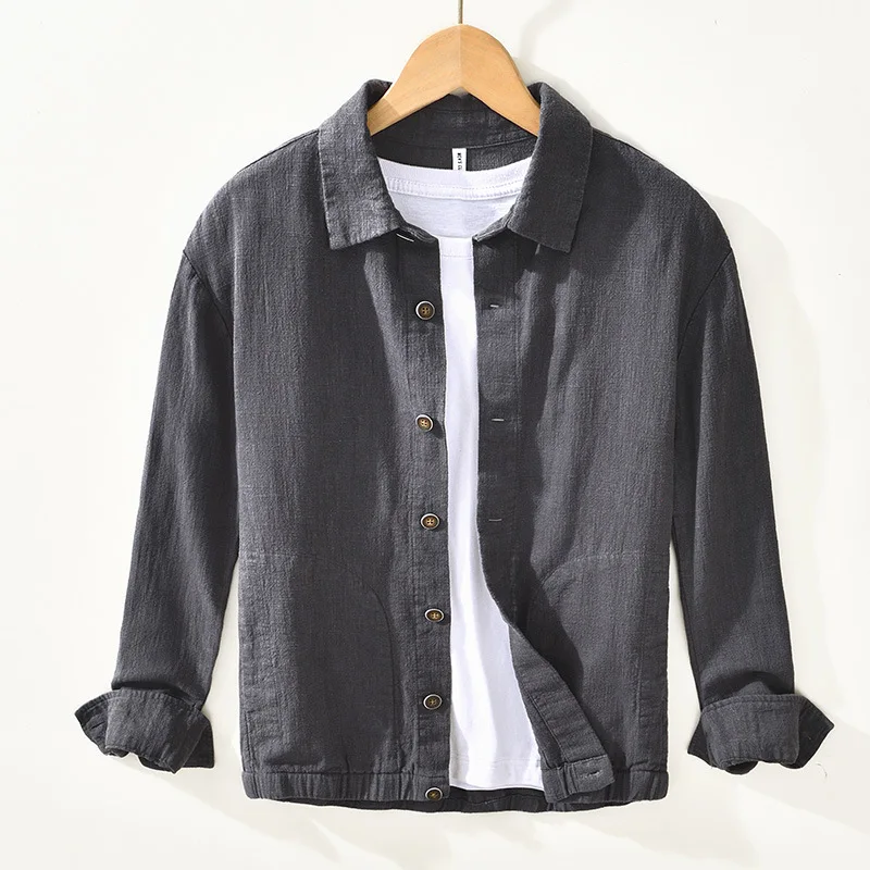 

Retro Pure Color Cotton Linen Long Sve Men's irt Spring Autumn Casual Simple Mungo Jaet Loose Linen Trendy Outerwear