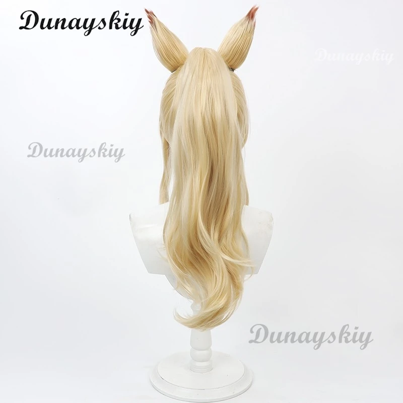 Blue Archive Ogata Kanna Cosplay-Perücke mit Ohren, 60 cm, blonder Pferdeschwanz, Kunsthaar, hitzebeständig, für Halloween, Party, individuell