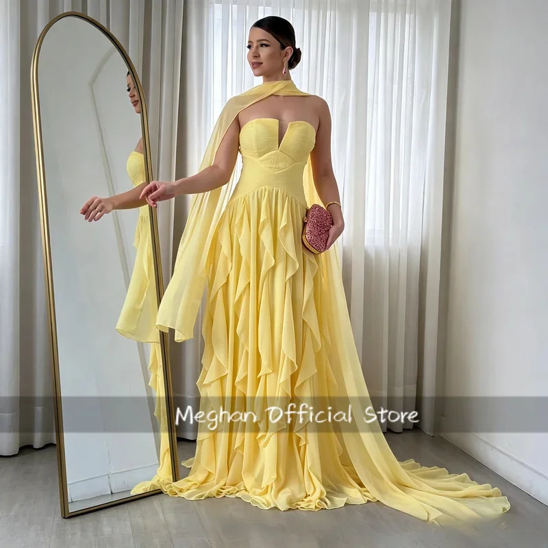 Customized Bright Lemon Yellow Formal Evening Dress Strapless Front Keyhole Boned Corset Bodice Cascading Ruffle