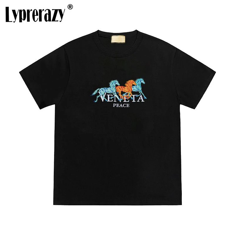 

Lyprerazy Tide Brand Horse Embroidery Short-sleeved T-shirt Summer Loose Cotton Men Tops Tees