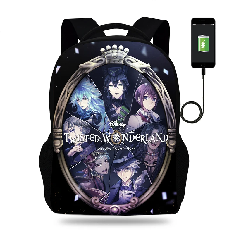 Disney Twisted-Wonderland Backpack Boy Girl School Bag Teenager USB Charging Daily Travel Backpack Student Schoolbags Mochila