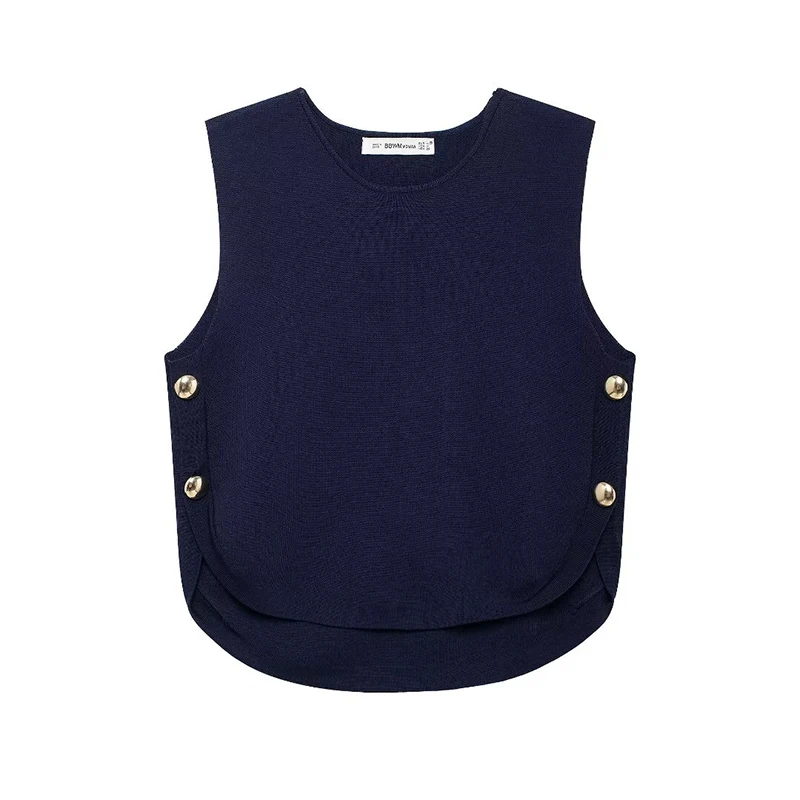 TRAF Women's Knitted Vest Fashion with Side Buttons Sleeveless Sweater O Neck Female Waistcoat Chic Tops