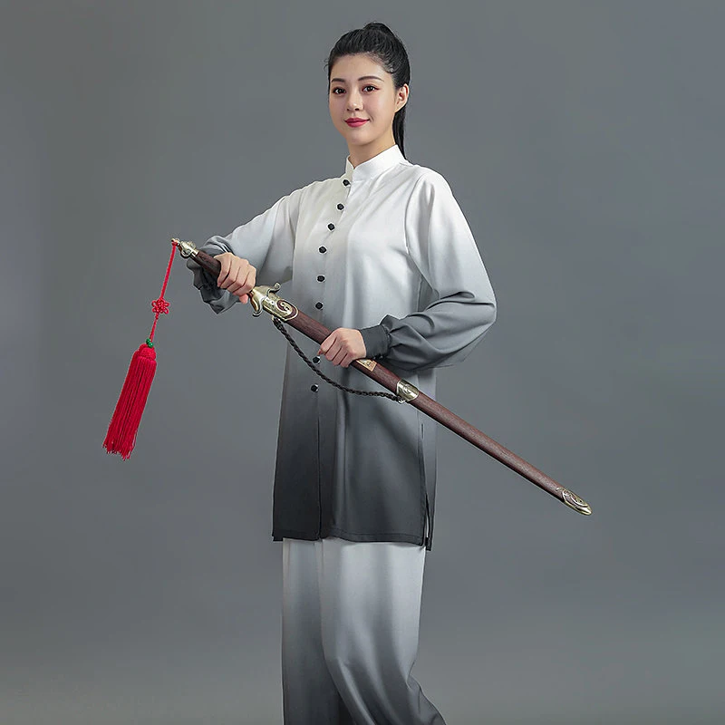 Women's Gradient Red Baduanjin Uniform - Premium Pearl Cotton Martial Arts Performance Outfit for Spring Summer Practice