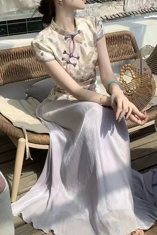 

Chinese Style Cheongsam Top Set Women Iridescent Mesh Skirt Coordinated Oriental Minimalism Ethereal Floral Summer