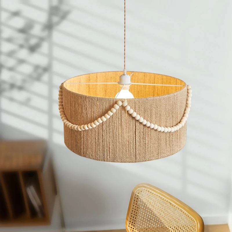 

Boho Pendant Lamps Wabi Sabi Retro Wood Bead Fringe Lampshade Creative Bedroom Indoor Dining Room Hotel Kitchen Hanging Lamps