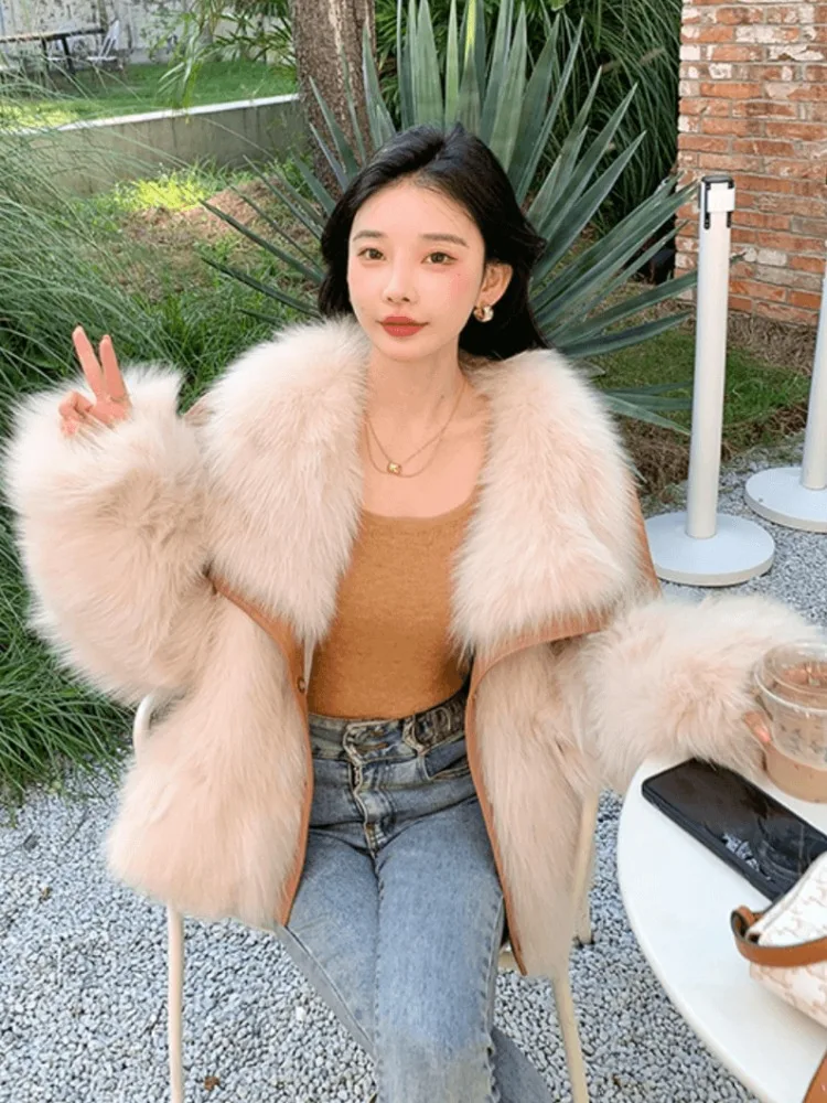 Fur Coat Women Winter Warm Fluffy Jacket Faux Fur Coat Leather Patchwork Long Sleeve Streetwear Luxury Brand Designer Clothing