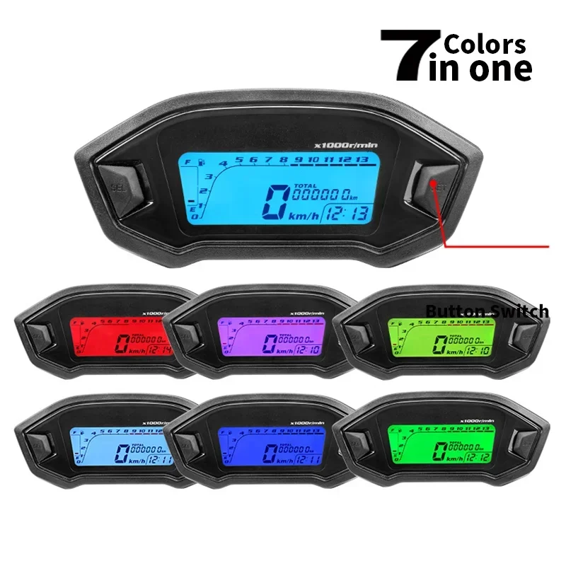New Universal 7 Colors Adjustable Motorcycle LCD Digital Speedometer 13000rpm 2-4 Cylinders 12V 0-199km/h Odometer