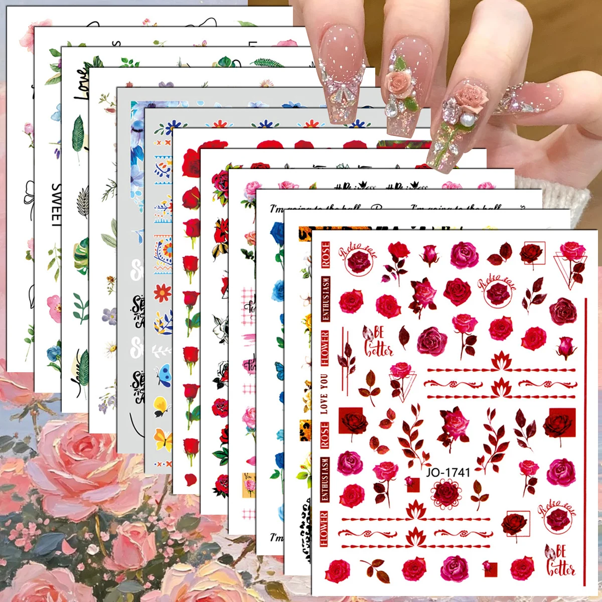 3/6/12 Sheets 3D Rose Flower Nail Decals Butterfly Leaf Botanical Designs Self-Adhesive Spring Summer Manicure Nail Stickers