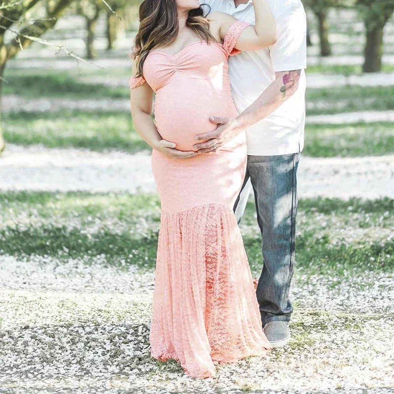 Vestido de maternidad de encaje para mujeres embarazadas, vestidos de maternidad para sesión de fotos, accesorios de ropa Sexy, hombros descubiertos