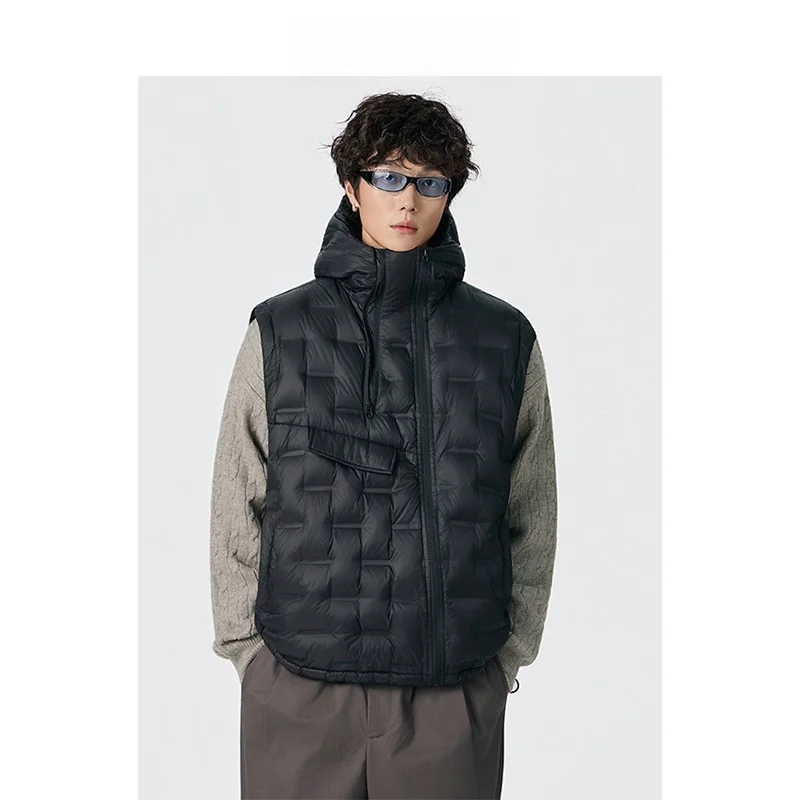 

Men's Loose Fit down Vest 90% White Du down Hooded Jaet American Sle Large Size Ribbed Ba oulder Emed Coat