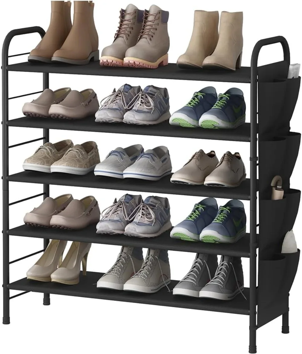 

Shoe Rack Storage Organizer 5 Tier Free Standing Metal Shoe Shelf Compact Shoe Organizer W/ Side Bag for Entryway Closet Bedroom