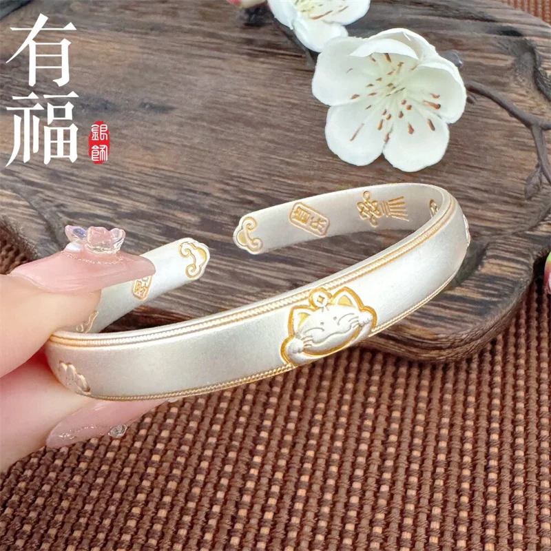 

S999 Sterling Silver Lucky Cat Bracelet, Gold Painting Lucky Words, Solid Bangle, Jewelry Gift for Girlfriend & Bestie
