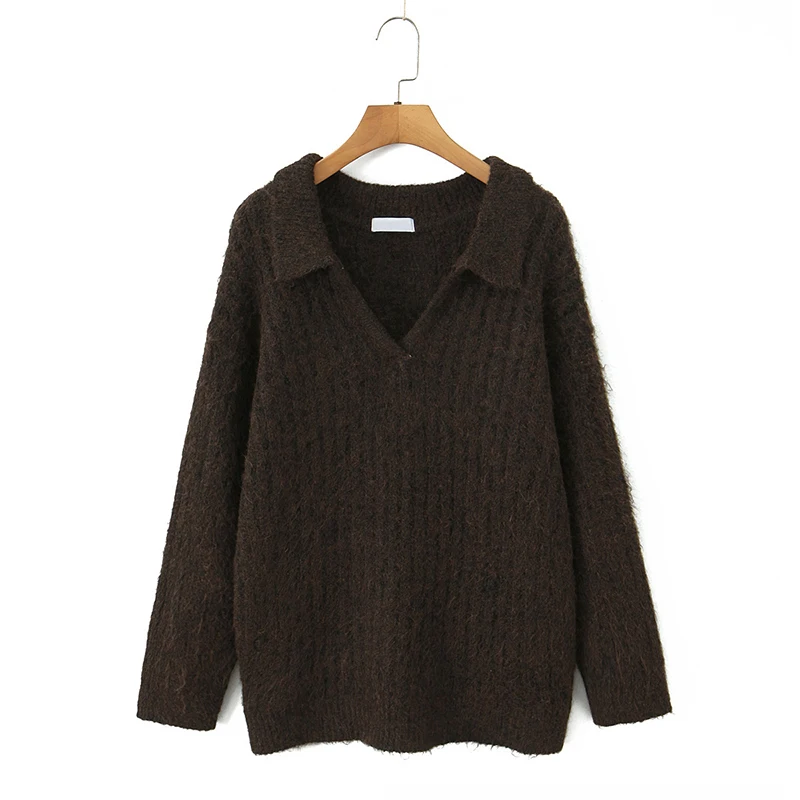 Yenkye 2025 pulôveres femininos simples e preguiçosos de malha casual manga comprida gola lapela outono inverno suéter solto