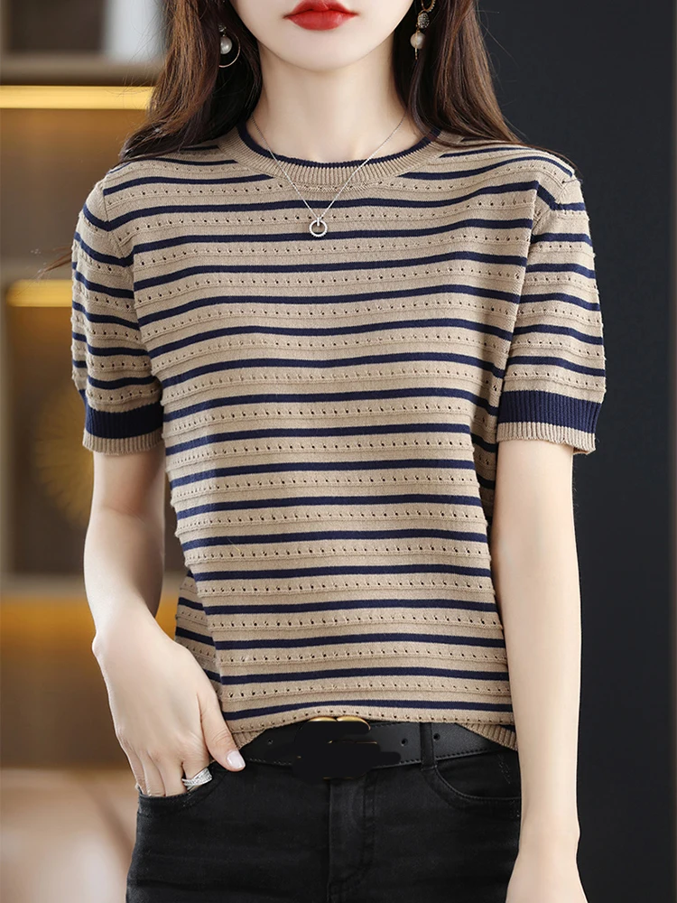 

Loose Hollow Out Striped T Shirt Women Contrast Color Top O-Neck Short Sleeve Tshirt Womens 2022 Summer Clothes Knitted Tshirts