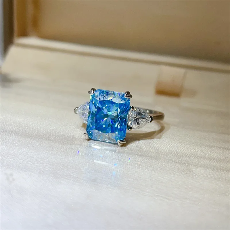 6 Carat Radiant Cut Sea Blue Moissanite Diamond Rings s925 Silver Rectangle All Moissanite Women Ring Luxury Fine Jewellery GRA