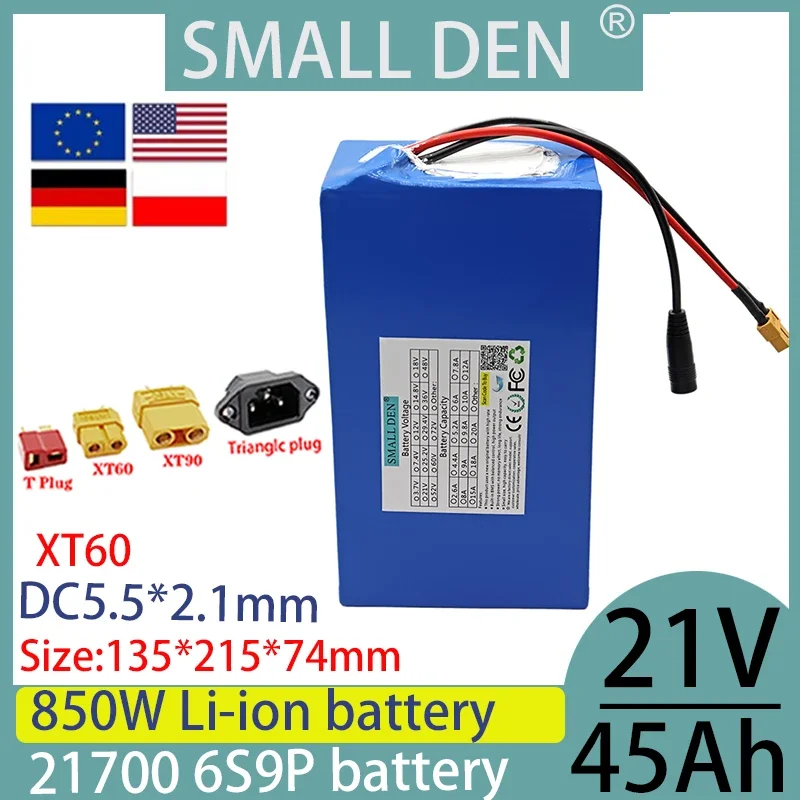 Original 21V 45ah 21700 lithium battery pack 6s9P, suitable for large capacity and high-power rechargeable batteries+2A charger