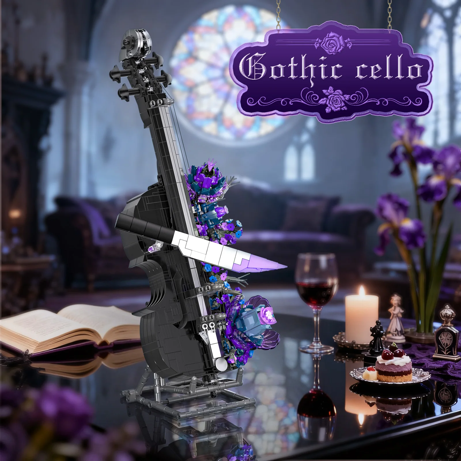 JAKI Dark Cello Building Blocks Set MOC Gothic Flowers Purple Halloween Christmas Violin Model Kit STEM Toy Display Gift for Music Lover Valentine Mother's Day Anniversary Crystal Skull Rose Art Ornament Shelf Decor Gift for Adults Teens Collectors