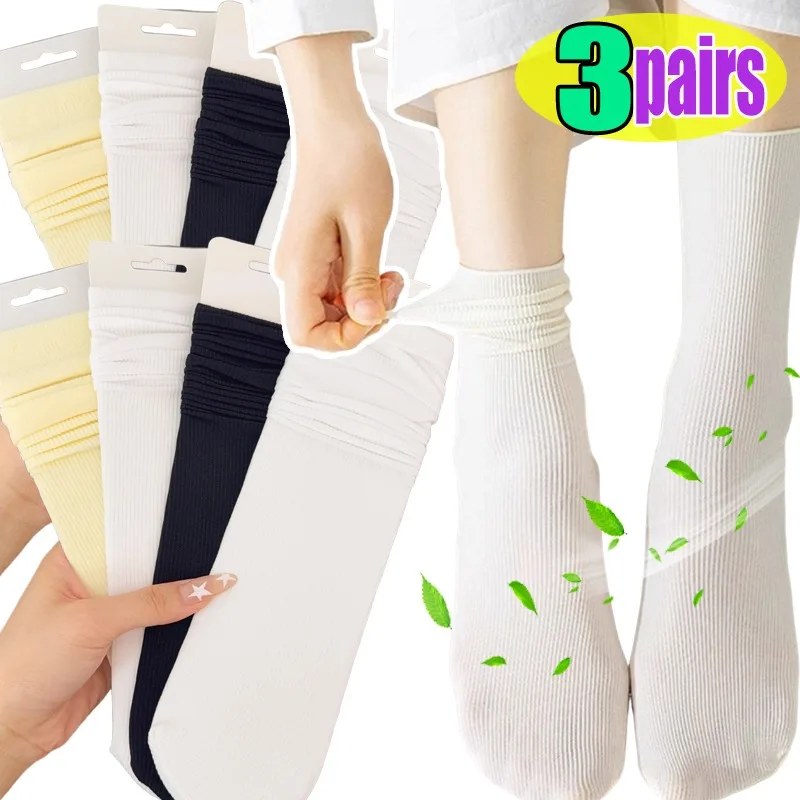 

3Pairs Ice Silk Women Socks Thin Breathable Mid Calf Summer Cool Socks Lightweight Packable for Sneakers Pile Pile Ladies' Sock